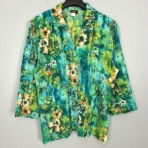UBU Crinkle Button Front Shirt Women’s Size XL Floral Art To Wear Colorful Boho